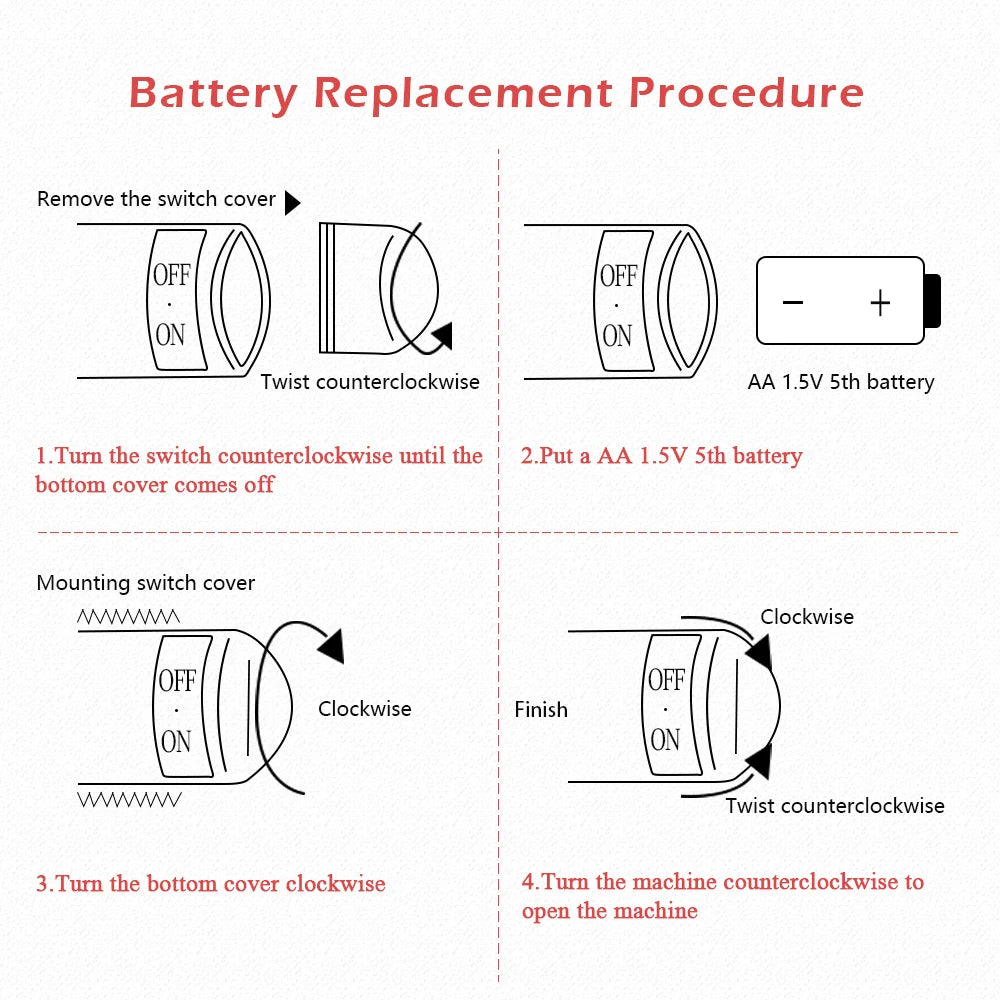 Replace battery by removing switch cover, inserting AA battery, and securing with twist and turn.