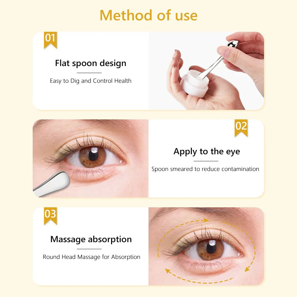 Apply eye treatment with flat spoon, massaging gently to absorb and prevent contamination.