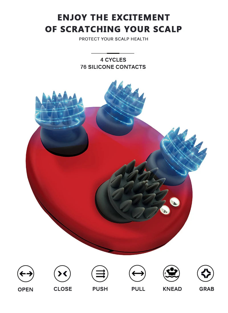 Scalp Massager with 4 cycles and 76 silicone contacts for healthy scalp protection.