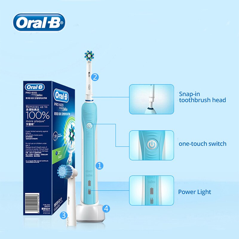 Oral B Electric Toothbrush Pro 600 Toothbrush Inductive Charge Brush Rotation Clean Teeth Brush with Replaceament Brush Head