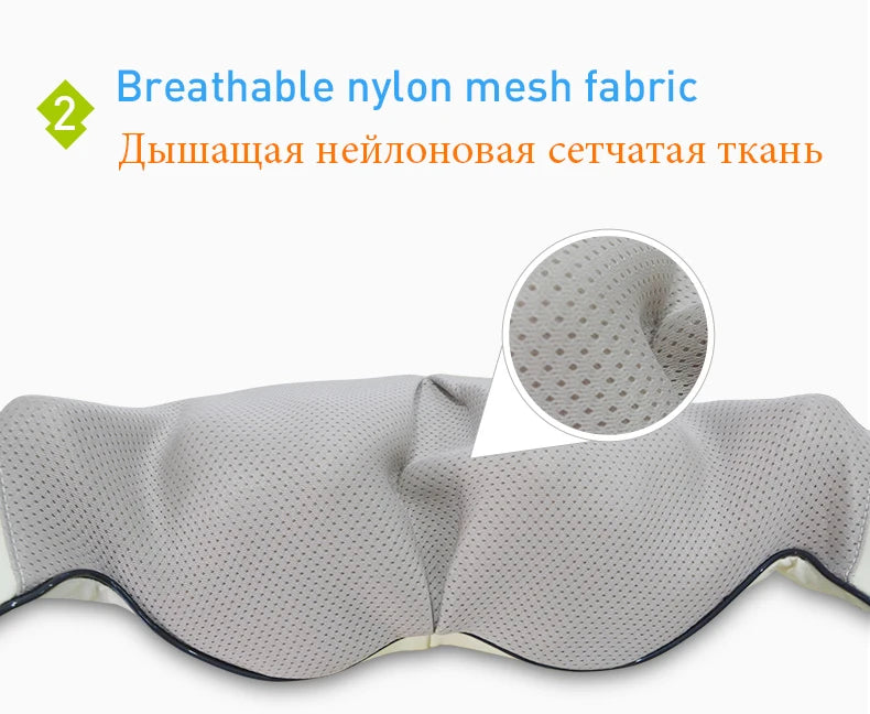 Infrared heat soothes back, neck, and shoulder tension with breathable nylon mesh fabric.