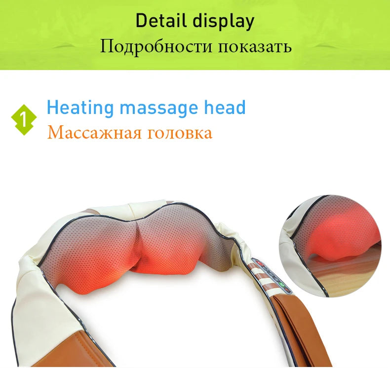 Infrared heated massager soothes back, neck, and shoulder areas with U-shaped design for car or home use.