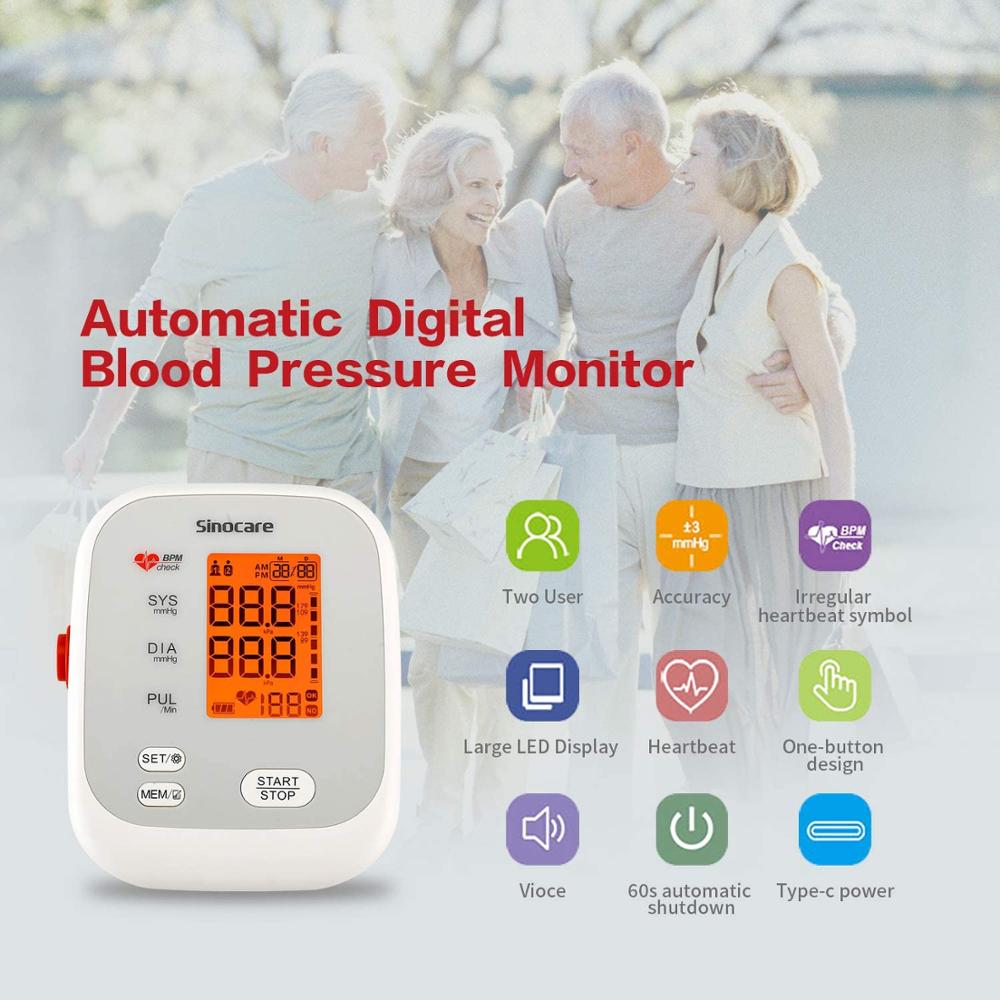 Sinocare Blood Pressure Monitor Upper Arm with 2 Users 120 Memory, Automatic Digital BP Machine Sphygmomanometer Heart Rate Puls