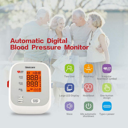 Sinocare Blood Pressure Monitor Upper Arm with 2 Users 120 Memory, Automatic Digital BP Machine Sphygmomanometer Heart Rate Puls