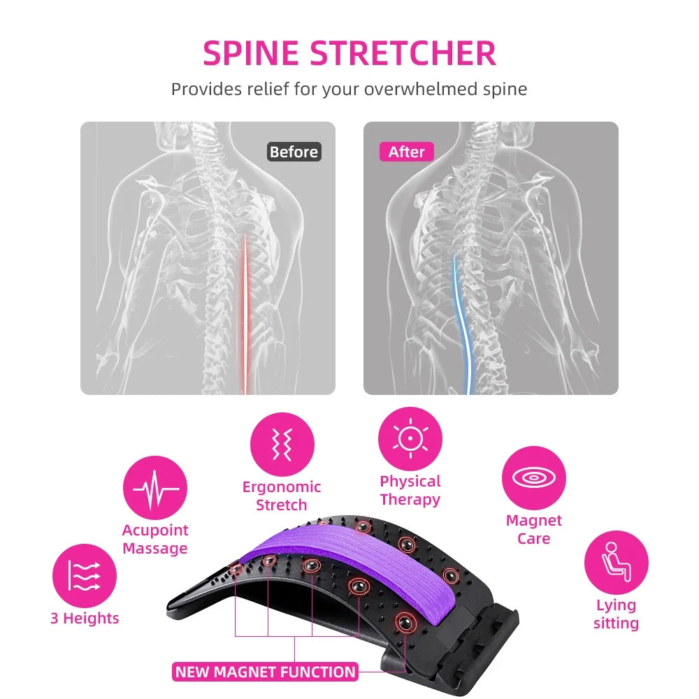 Relive back pain with spinal stretcher, combining magnetic therapy and acupressure for relief.