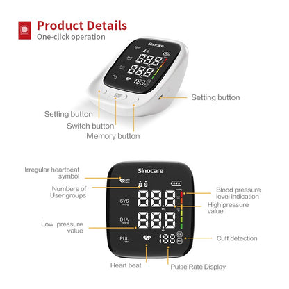 Sinocare esfigmomanômetro de braço Monitor de pressão arterial Monitor digital profissional de pressão arterial Manguito ajustável Modo de 2 usuários