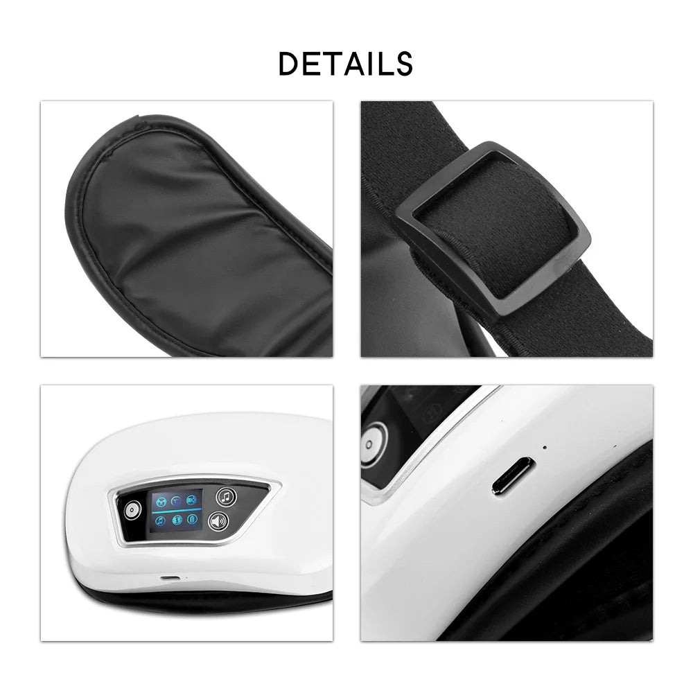 Relaxing eye massager with vibration, heat, and compression to ease fatigue, dark circles, and wrinkles.