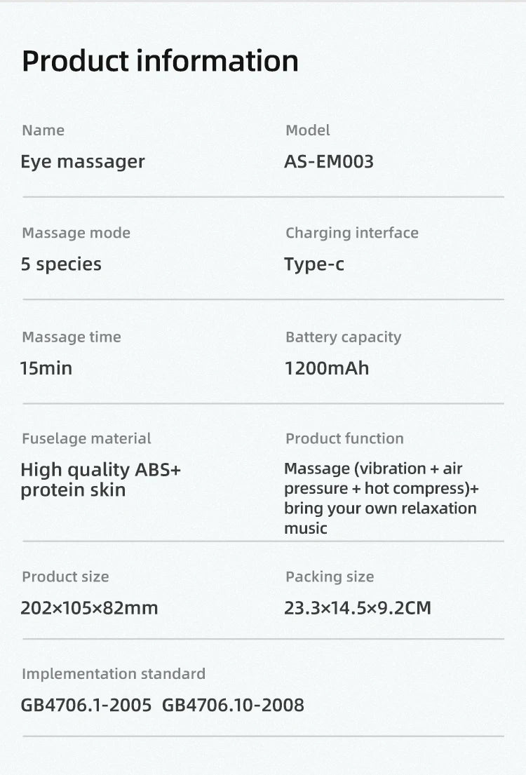 Eye massager and protector with vibration, hot compress, and Bluetooth connectivity for relieving eye fatigue.