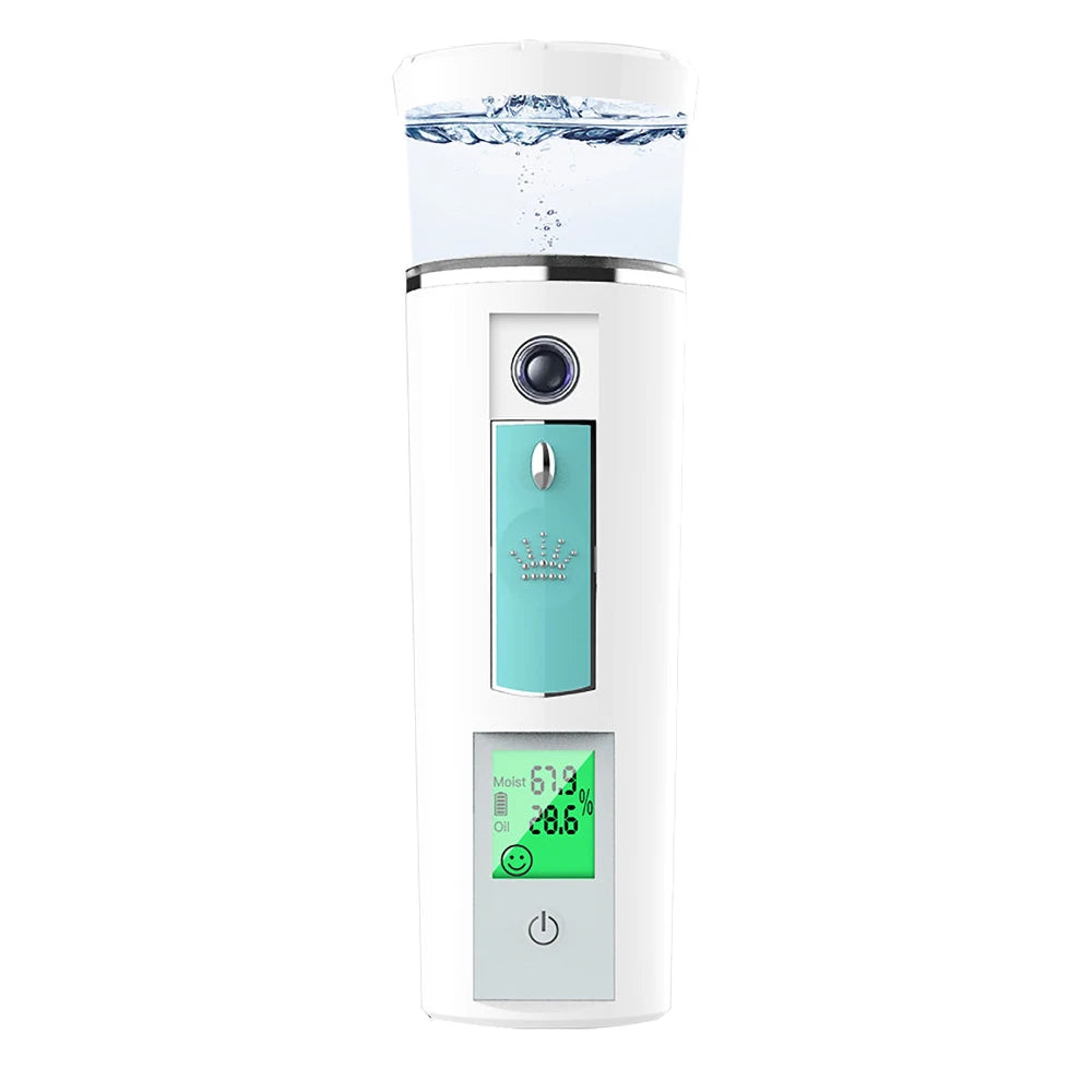 Rechargeable facial steamer with LCD display and nano mist technology for healthy, moist skin.