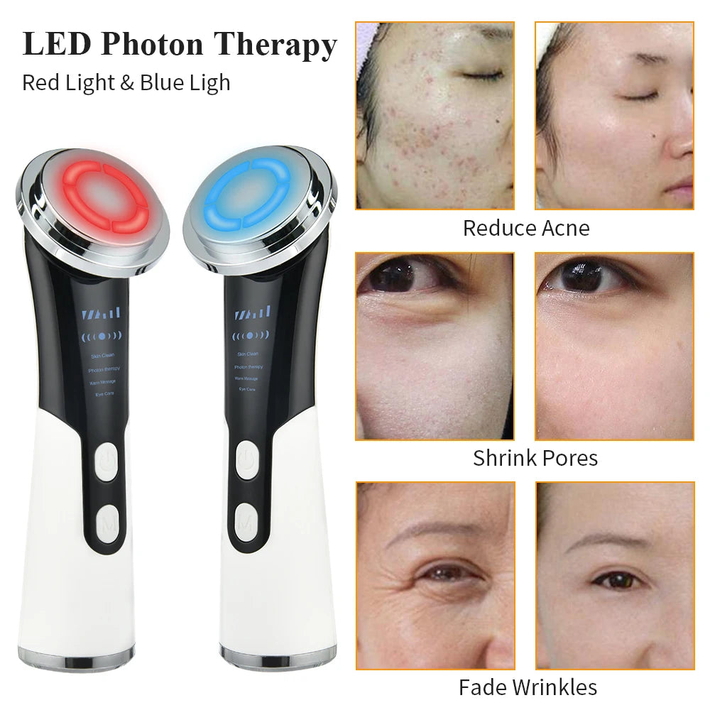 Non-invasive LED therapy treats acne, reduces pores, smooths wrinkles, and improves skin texture with gentle red/blue light.