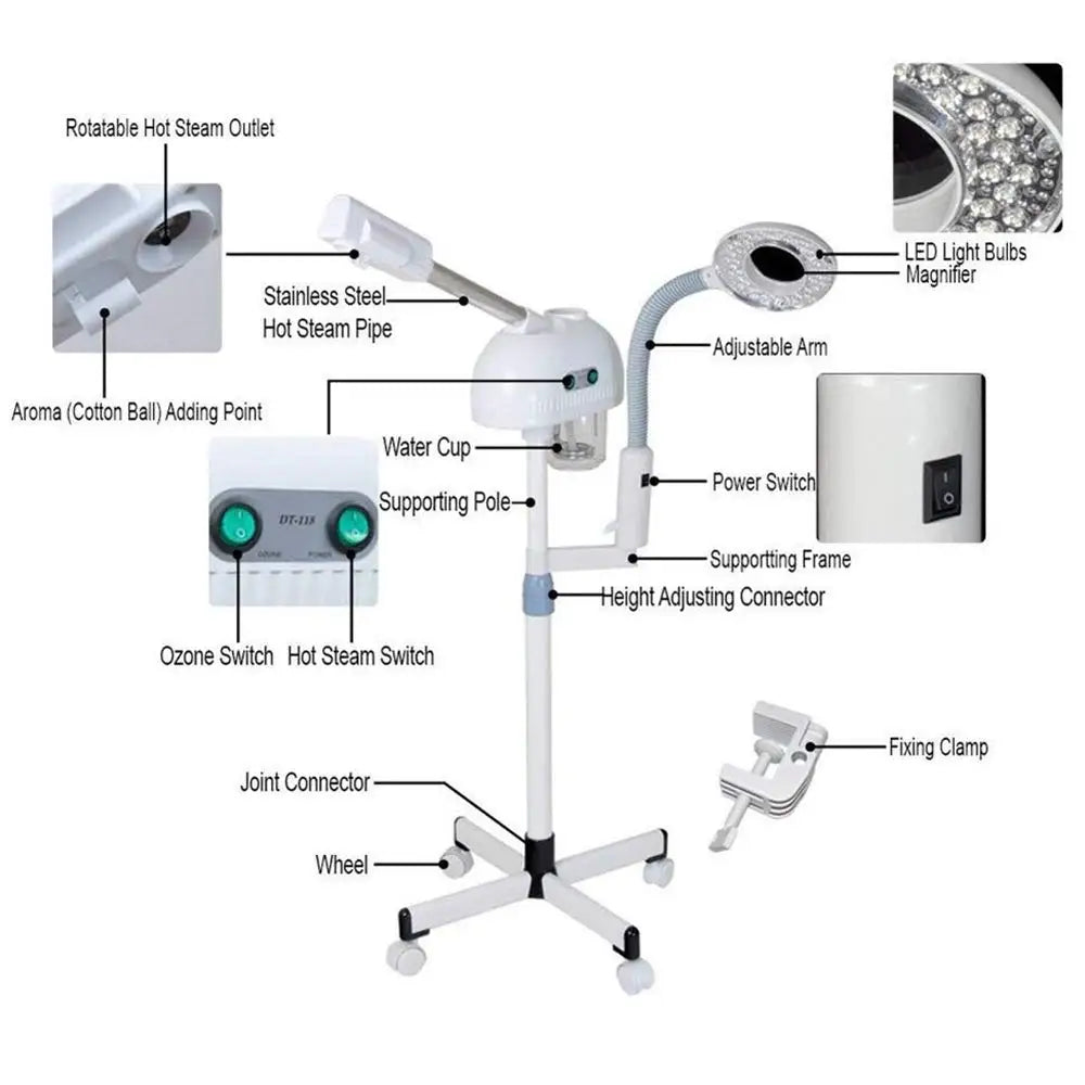 Facial steamer with magnifying lamp for detailed skin care, featuring ozone and ionic technology.