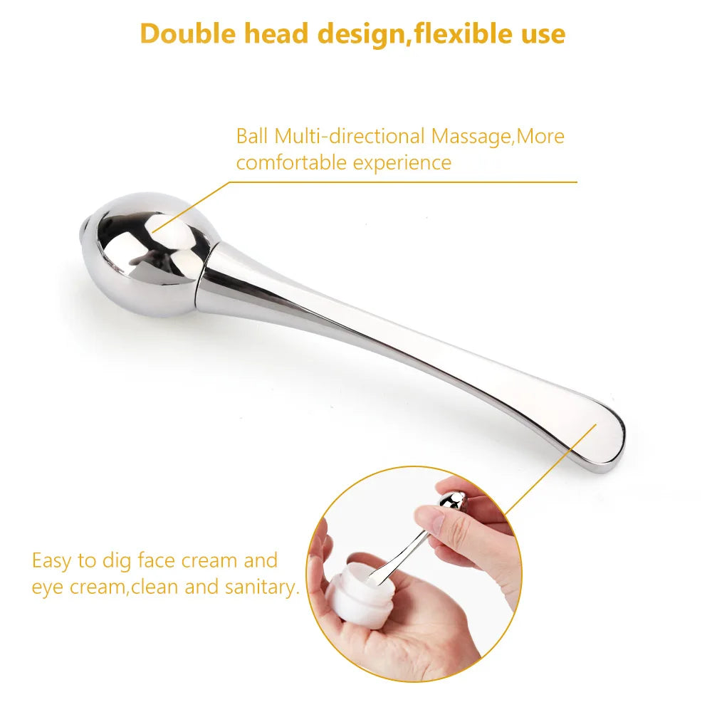 Multi-directional massager with dual heads for eye and facial care.