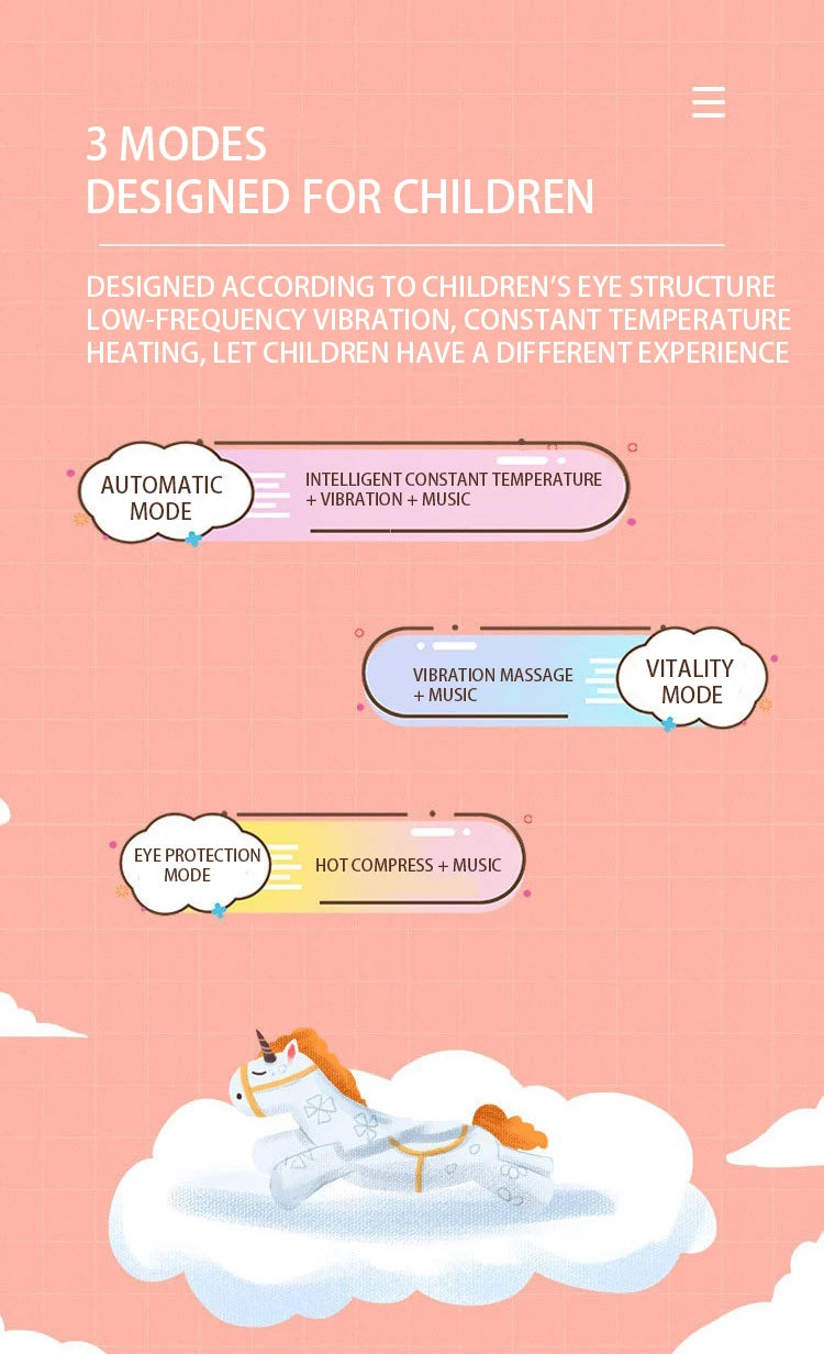 Relaxation modes for kids: gentle vibration, warm heating, and soothing compresses, all accompanied by calming music.