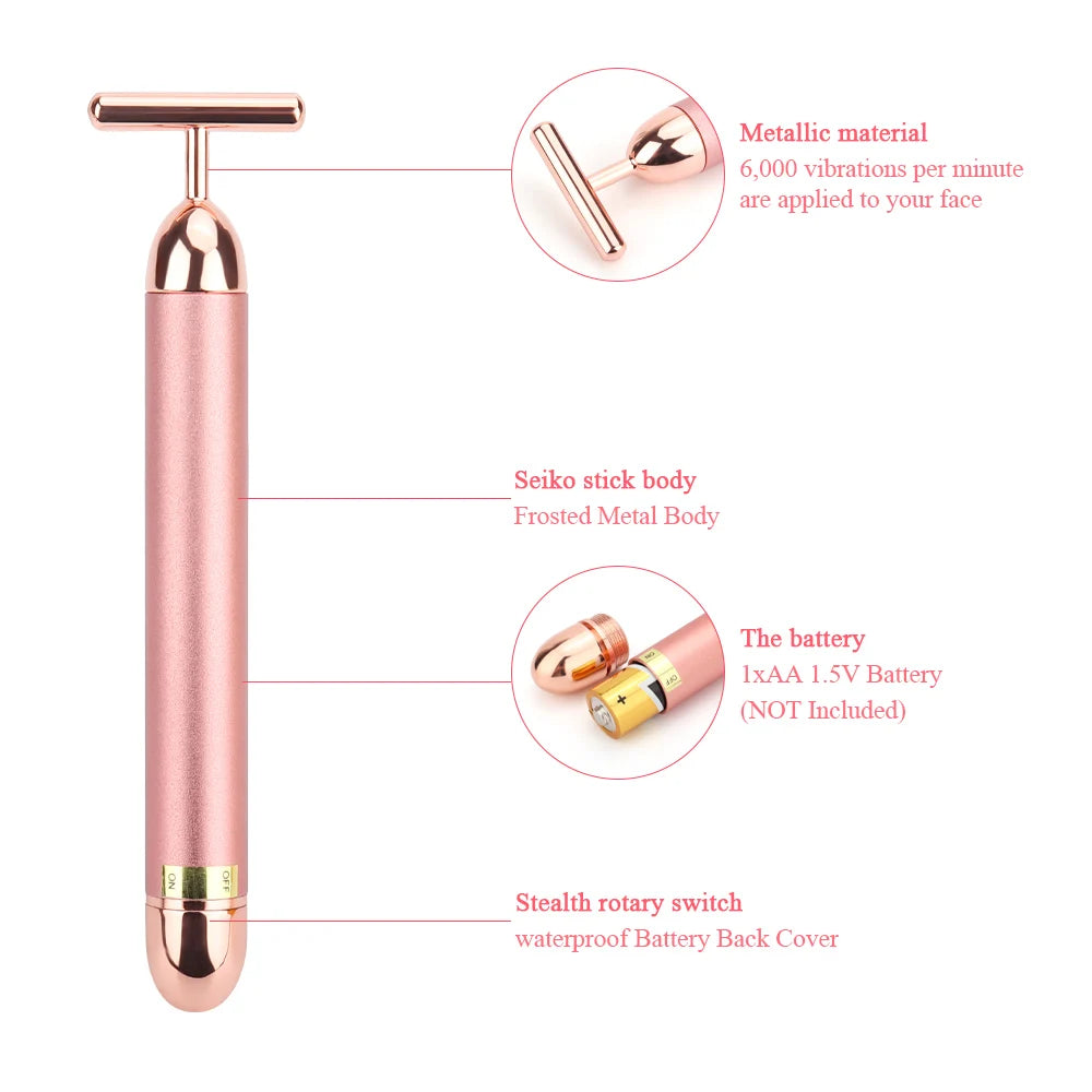 Metallic face roller that vibrates at 6,000 times per minute, waterproof and battery-powered.