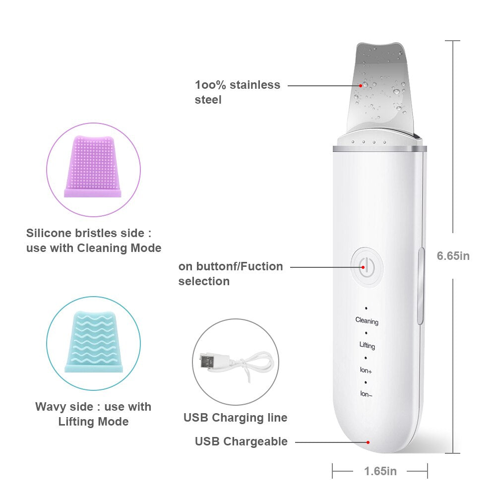 Ultrasonic Skin Scrubber Vibrate Ion Deep Face Clean Machine Facial Spatula Skin Scraper Ultrasound Peeling Facial Pore Cleaner