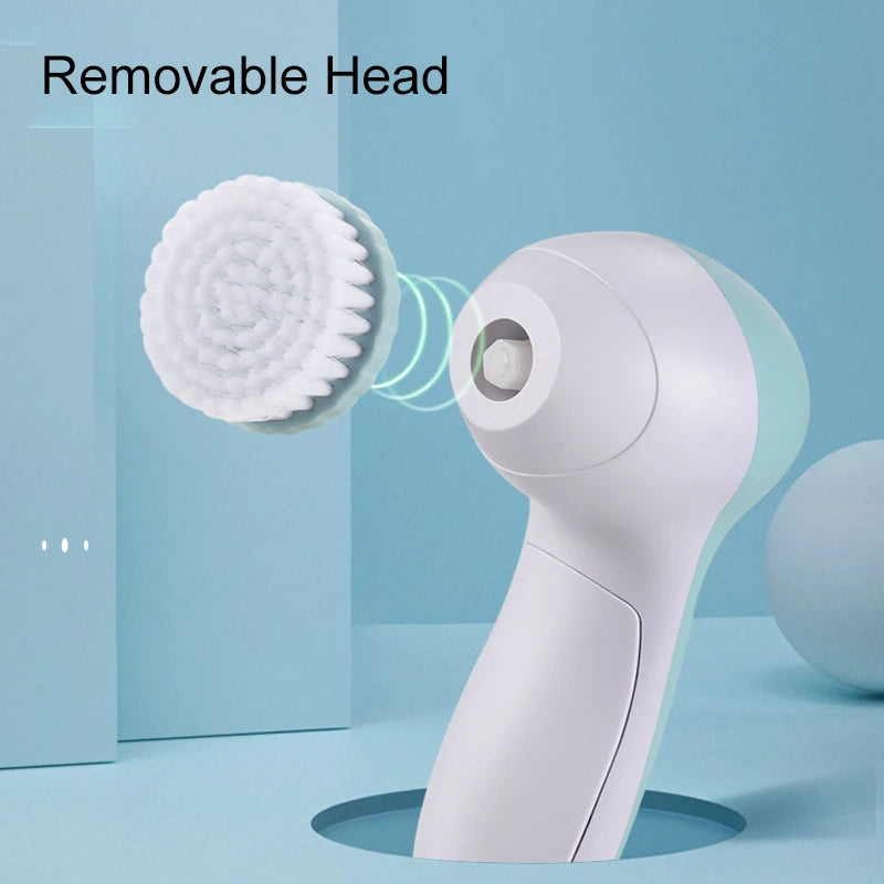 Rechargeable facial cleansing brush with multiple functions and replaceable heads for various skin types and needs.