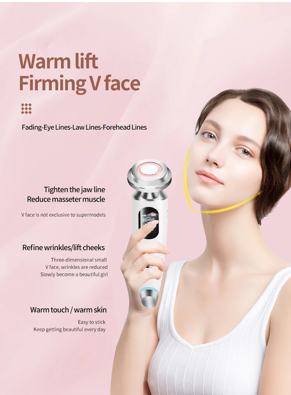 Anti-aging device reduces wrinkles and fine lines around eyes, forehead, and jawline for radiant, youthful-looking skin.