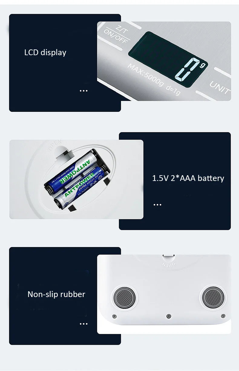 Digital scale with LCD display, battery power, non-slip base, and easy-to-use buttons for unit conversions.