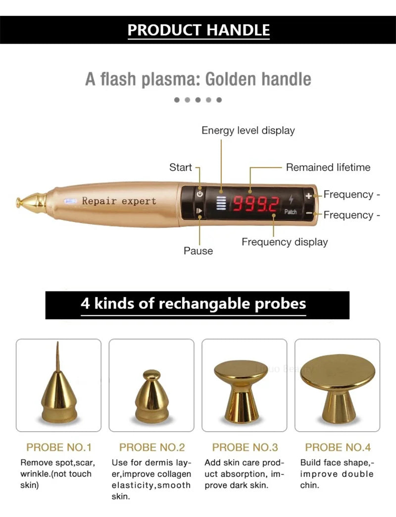 2023 Korea Ozone Plasma Pen: Handle with flash technology features and interchangeable probes for skincare benefits.