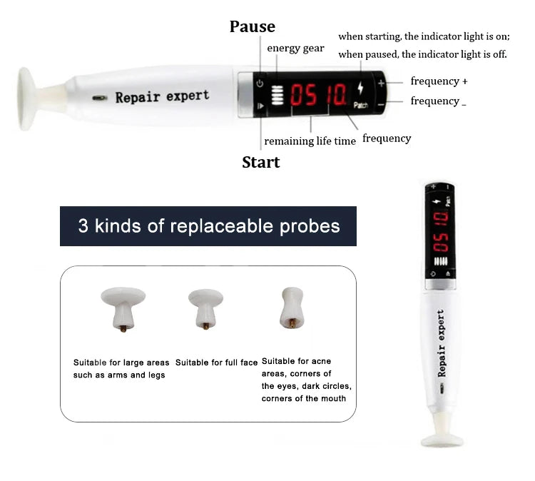 Device features indicator light and replaceable probes for various skin applications.