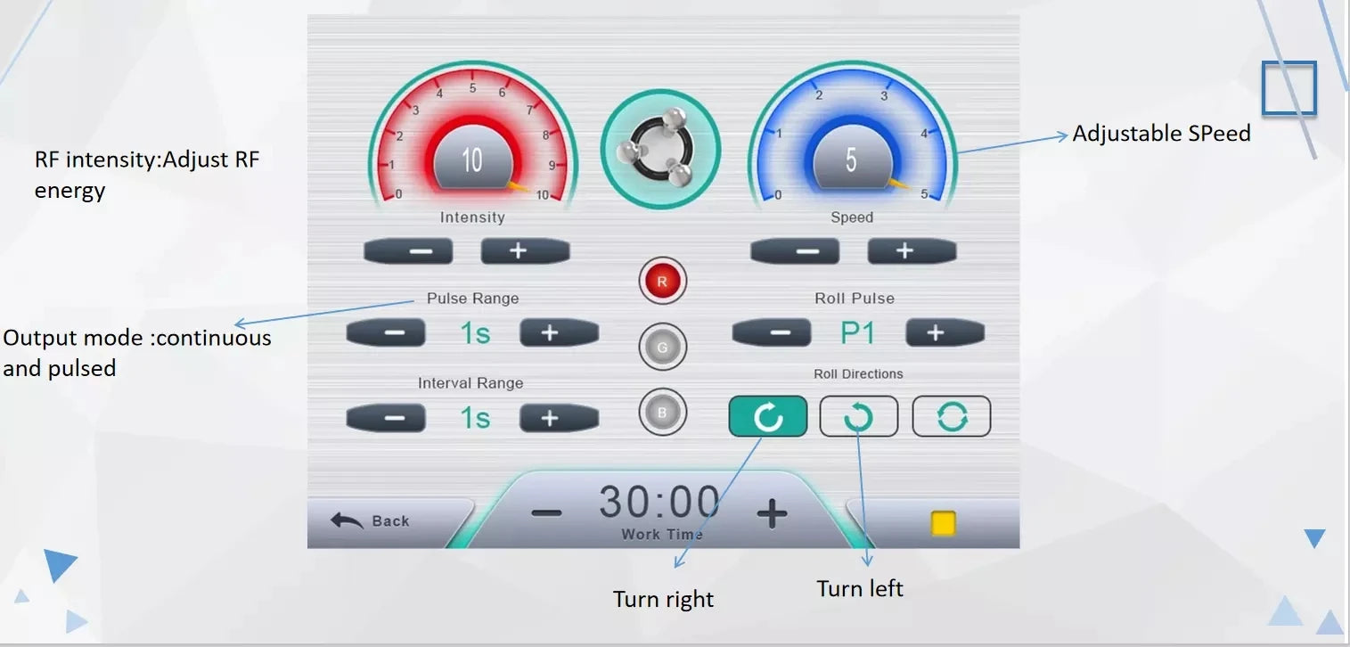 Customize treatments with adjustable speed and RF intensity, featuring continuous and pulsed modes.