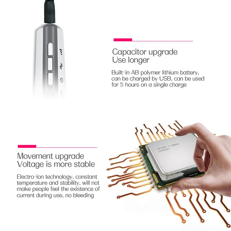 Lithium-powered pen for 5 hours of use, with USB charging and stable voltage control.