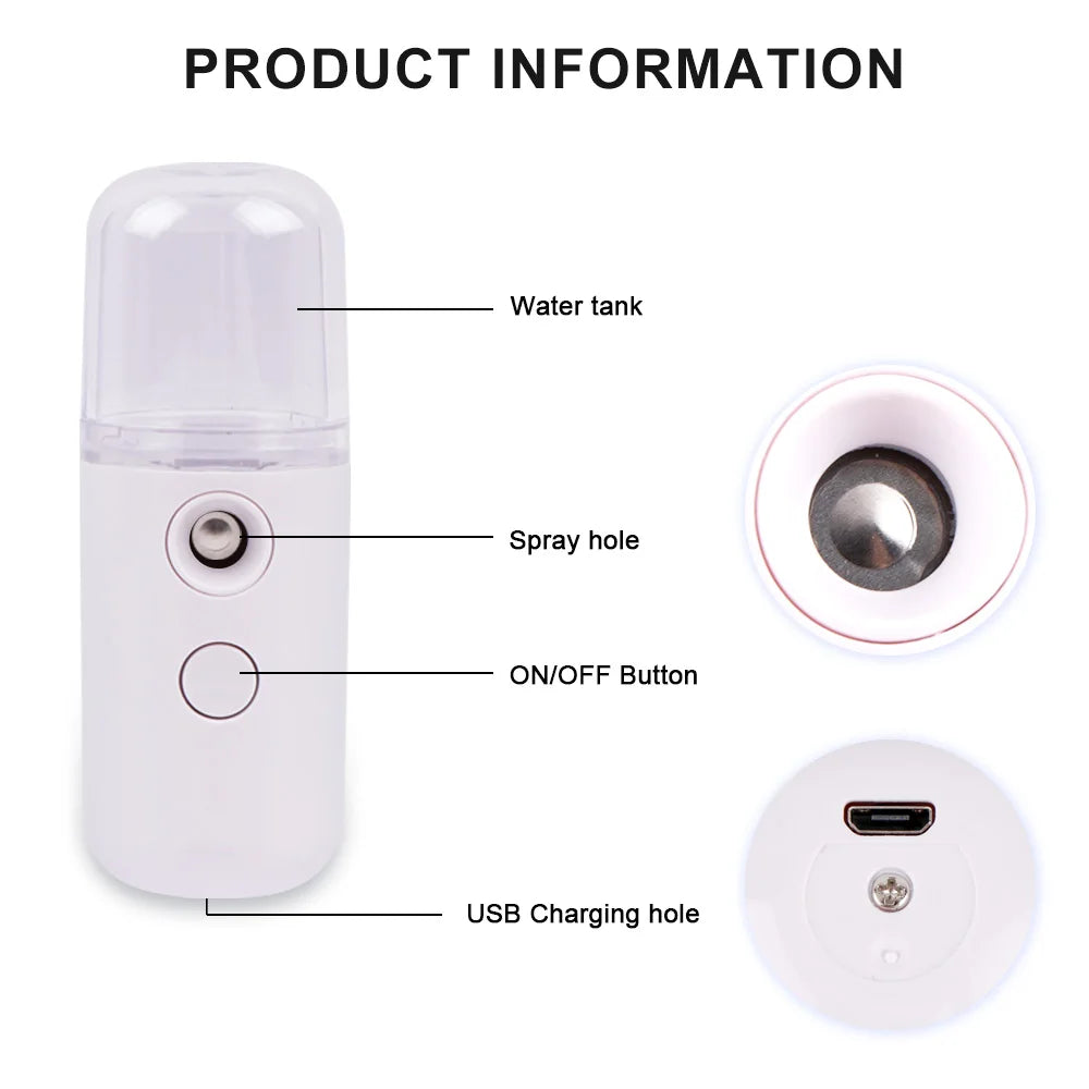 Portable facial steamer with water reservoir, spray nozzle, and charging port for easy use and maintenance.