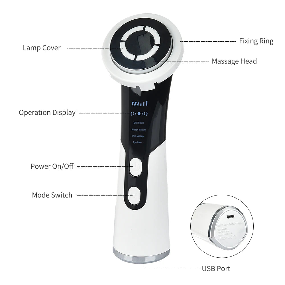 Relaxing face massager with ring-shaped lamp, massage head, and display for soothing skincare routine.