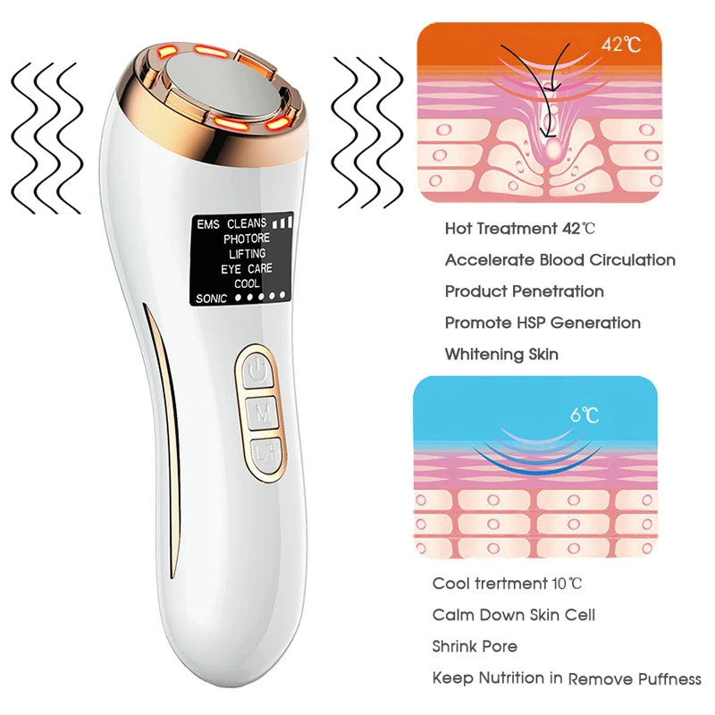 EMS facial massager combines heat, light, and sound to improve circulation, tighten skin, and enhance eye care.