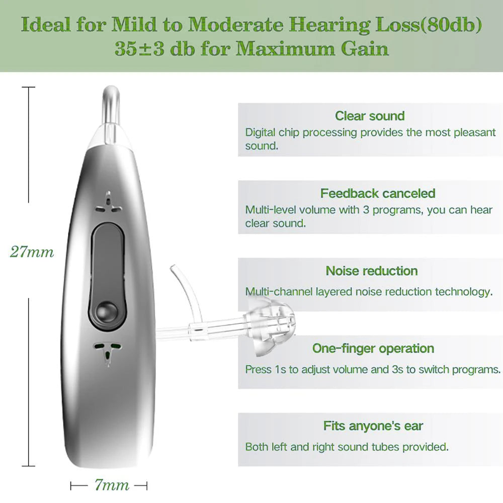 Rechargeable hearing amplifier for mild to moderate loss, with clear sound and adjustable volume.