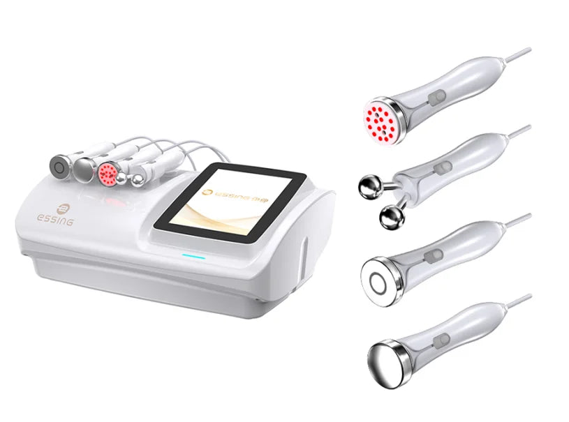 Multifunctional facial care machine with LED, RF, and ultrasound features.