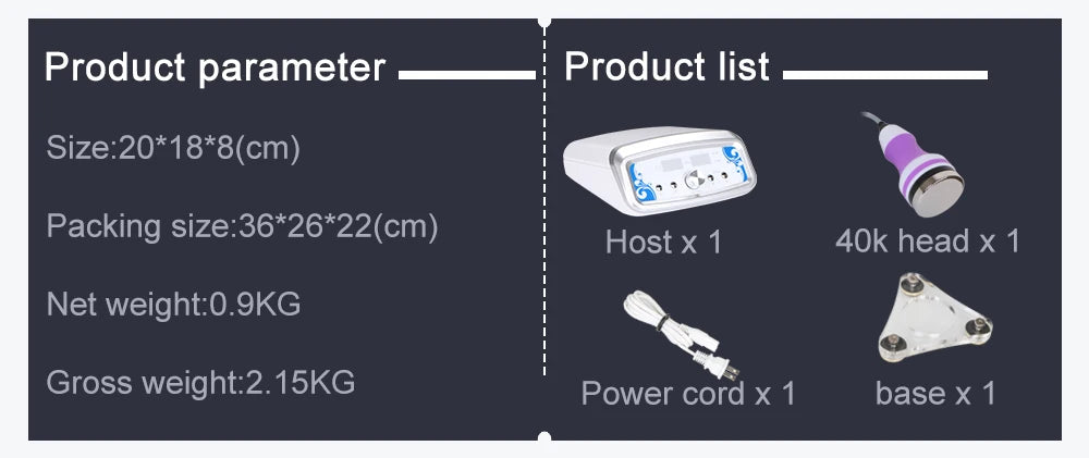 Product details: Measures 20x18x8 cm, packed with 1 host and 1 40K head, weighs 0.9 kg.