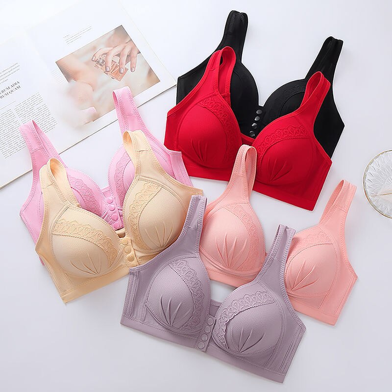 2pcs Women Underwear Breast Massage Large Size Front Button Comfortable Gather Bra Breathable Thin Section Without Steel Ring