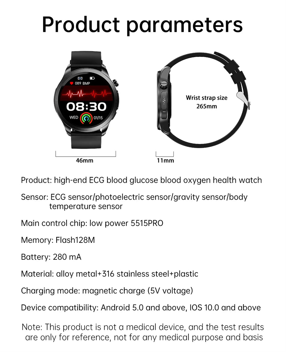 Advanced health tracking smart watch with glucose, ECG, PPG, temperature, oxygen, and heart rate monitoring.