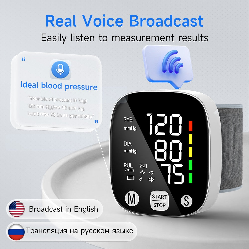 Yongrow New LED Wrist Blood Pressure Monitor Rechargeable English/Russian Voice Broadcast Sphygmomanometer Tonometer  BP Monitor