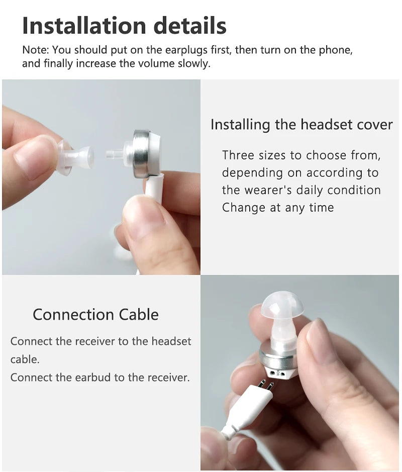 Rechargeable hearing aids for deaf individuals, featuring adjustable volume and earplugs.