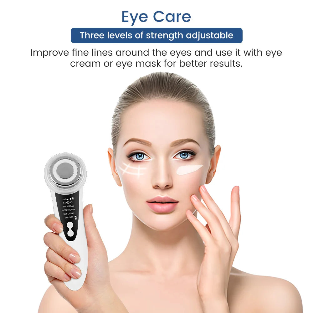 Eye treatment device with adjustable intensities to target fine lines and wrinkles, best used with creams or masks.