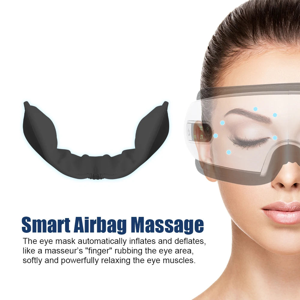 Gentle airbag massage instrument simulates finger rub for soothing eye muscles.