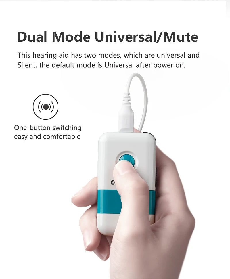 Rechargeable hearing aid with dual modes: Universal and Mute, easy switching.