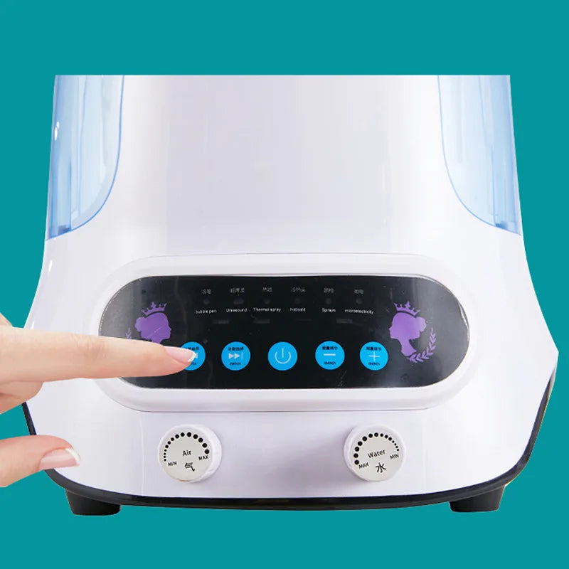 Electric facial steamer with 6 functions for rejuvenation and tightening, powered by EU/US/AU/UK plug.