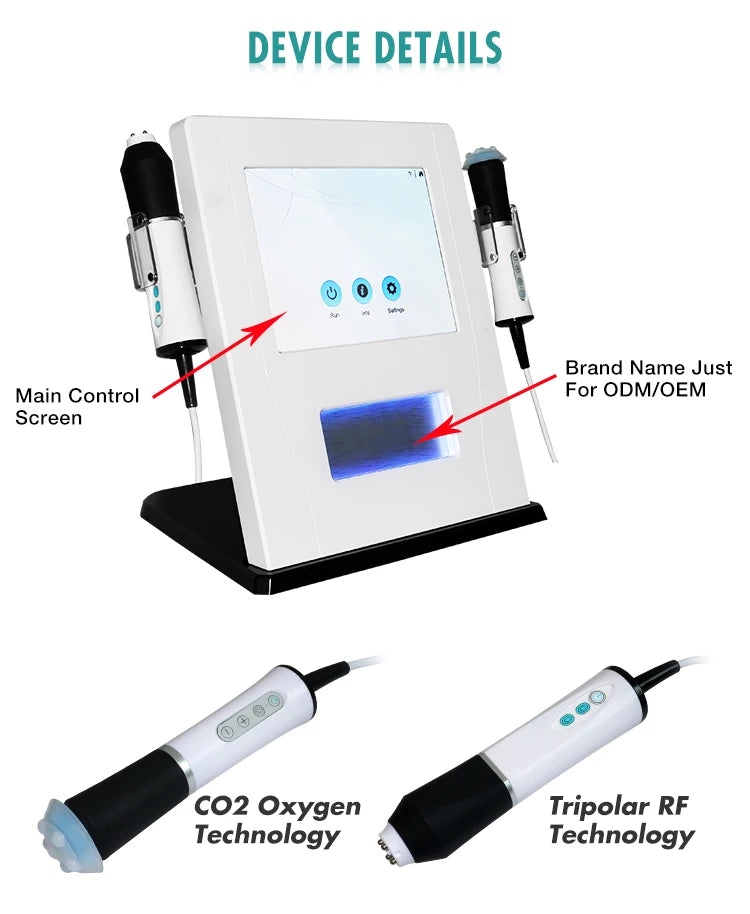 Device combines CO2, oxygen, and tripolar RF tech for brand name control on ODM/OEM screens.