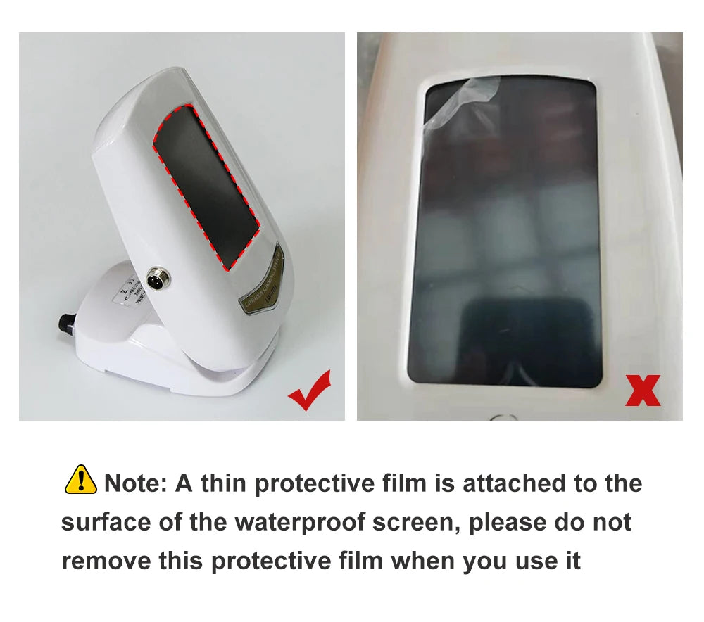 A thin protective film covers the waterproof screen. Please keep this film intact for safe and optimal use.