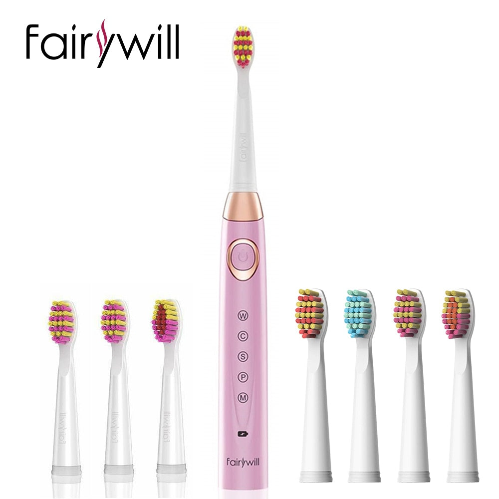 Fairywill Sonic Electric Toothbrush FW-508 USB Charger IPX7 Waterproof Electronic Toothbrush with 8 Replacement Brush Heads