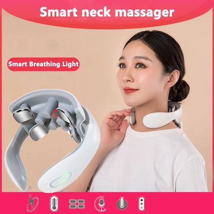 Massageador de pescoço elétrico inteligente, pescoço, ombros, massagem, vibração, compressa quente, massageador de voz, alívio muscular, vértebras, vertetis