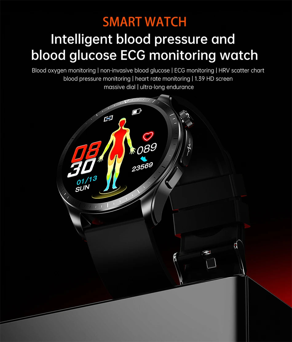 Track health metrics like blood glucose, BP, ECG, and temp on this smartwatch.