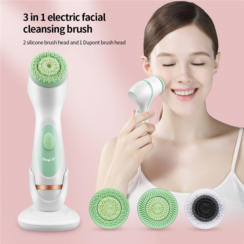 3 in 1 electric facial cleansing brush 2silicone brush head and