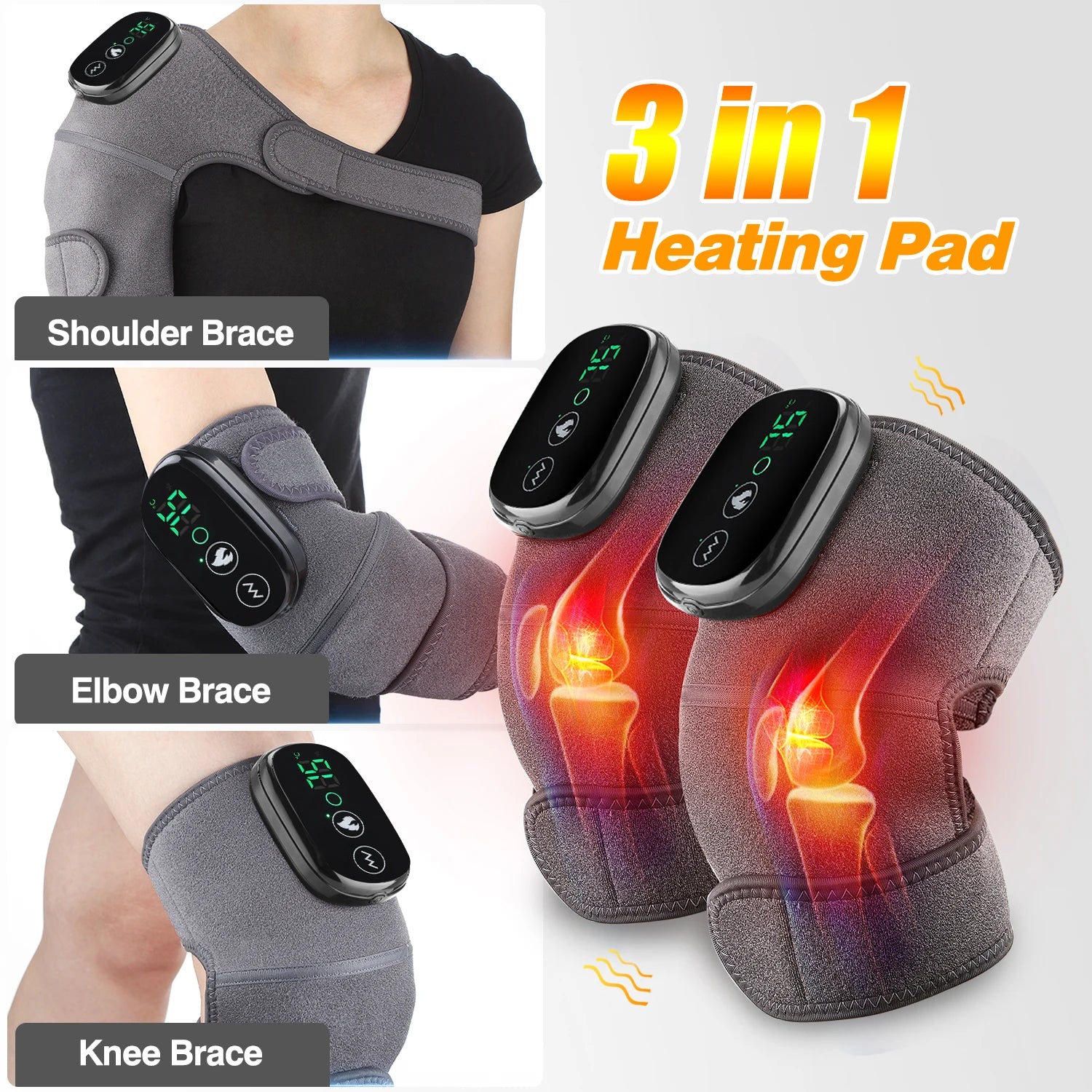 Heated shoulder massager specifications and packing list, featuring blue color