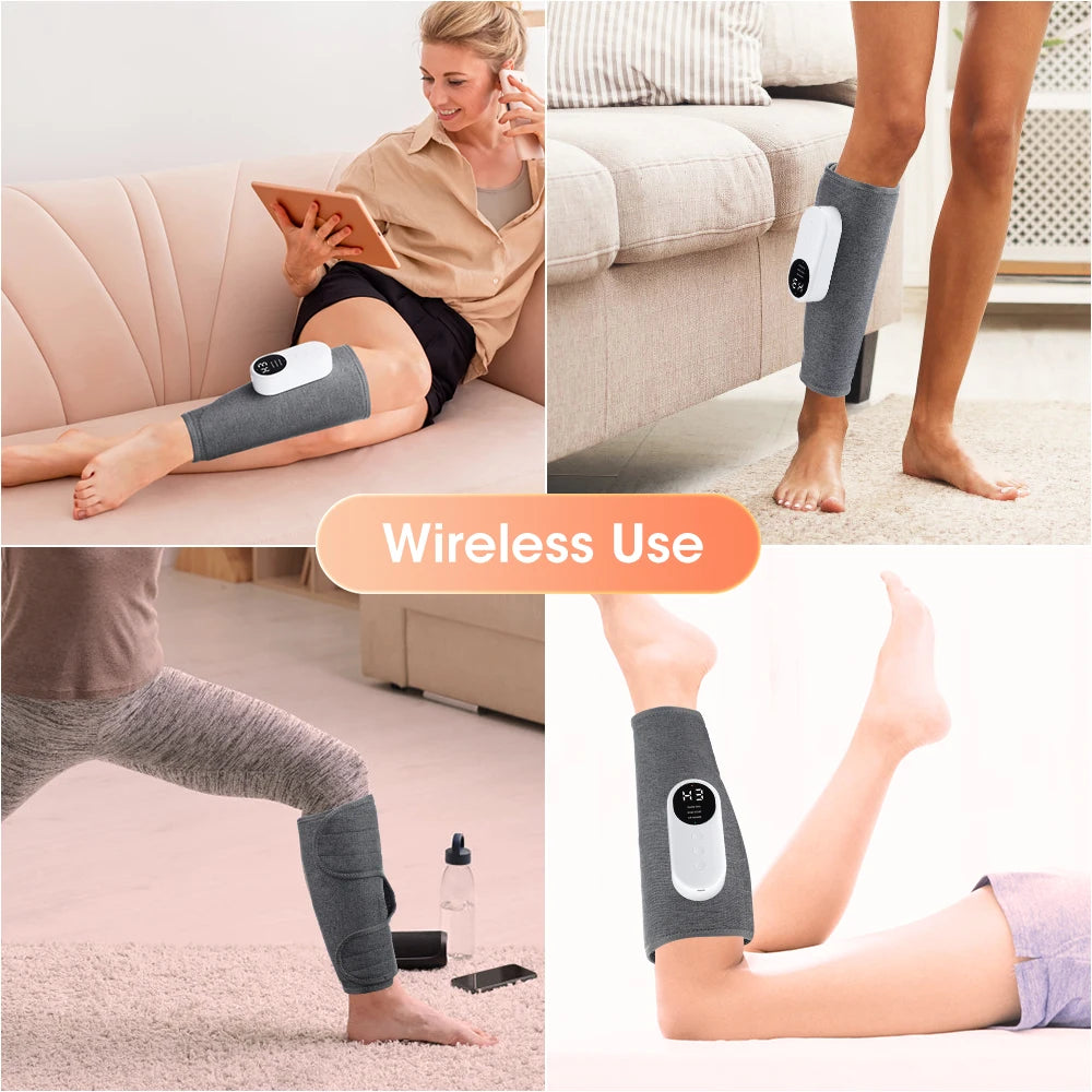 Wireless leg and foot massager with three modes: vibration, heating, and compression.