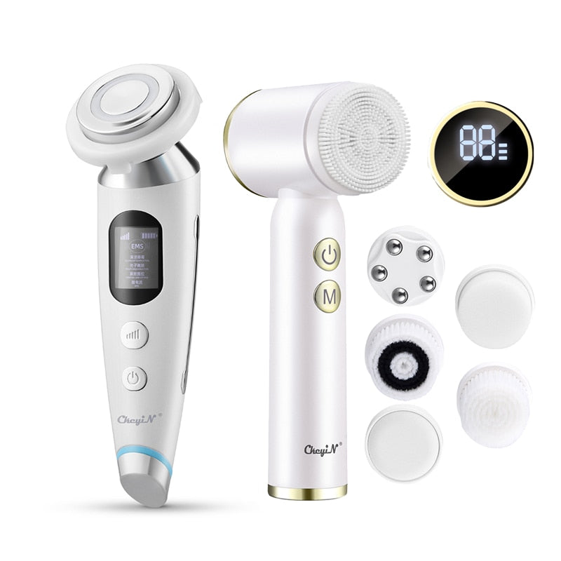 CkeyiN 6 in 1 Electric Rotation Facial Cleansing Brush Hot Compress Face Lifting Massager EMS LED Photon Skin Care Winkle Remove