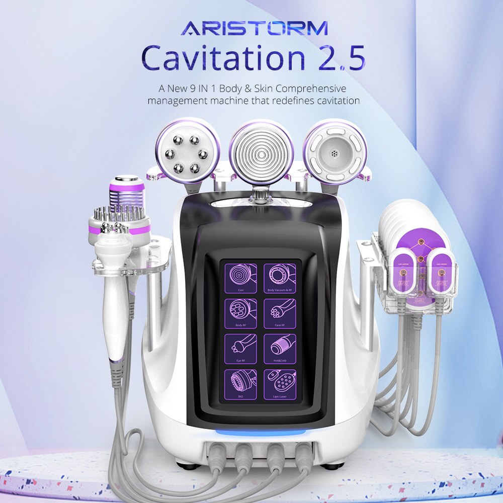 Professional 9 in 1 Beauty Device Ultrasonic 40k Cavitation 2.5 Machine Vacuum RF Slimming Machine Face Massager Skin Tightening